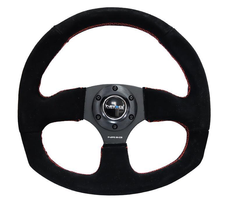 NRG 320mm Flat Bottom Style Steering Wheel Suede w/ Red Stitching | RST-009S-RS