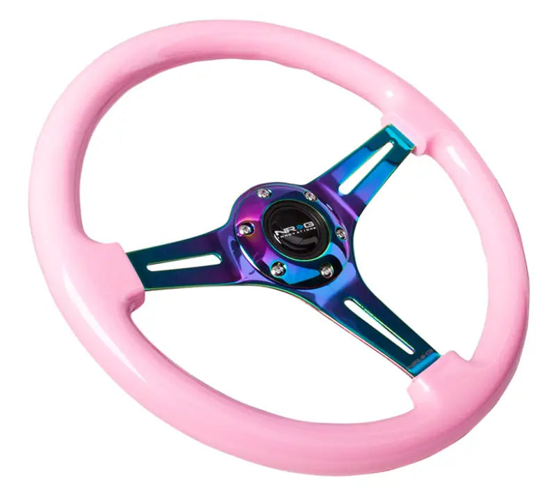 NRG Classic Wood Grain Steering Wheel (350mm) Solid Pink Painted Grip w/Neochrome 3-Spoke Center nrgst-015mc-pk