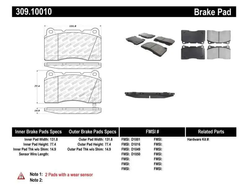 StopTech Performance 04-07 STi / 03-06 Evo / 08-10 Evo / 10+ Camaro Front Brake Pads 309-10010